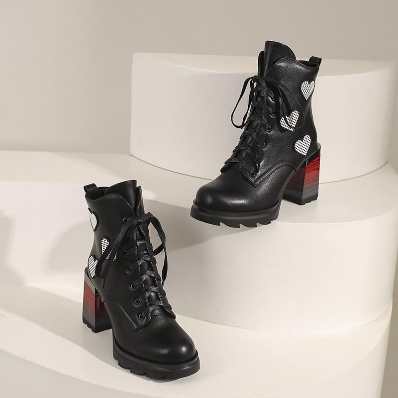 Korte damehøye hæler høst og vinter nye tykkhælede korte støvletter i britisk stil i stor størrelse