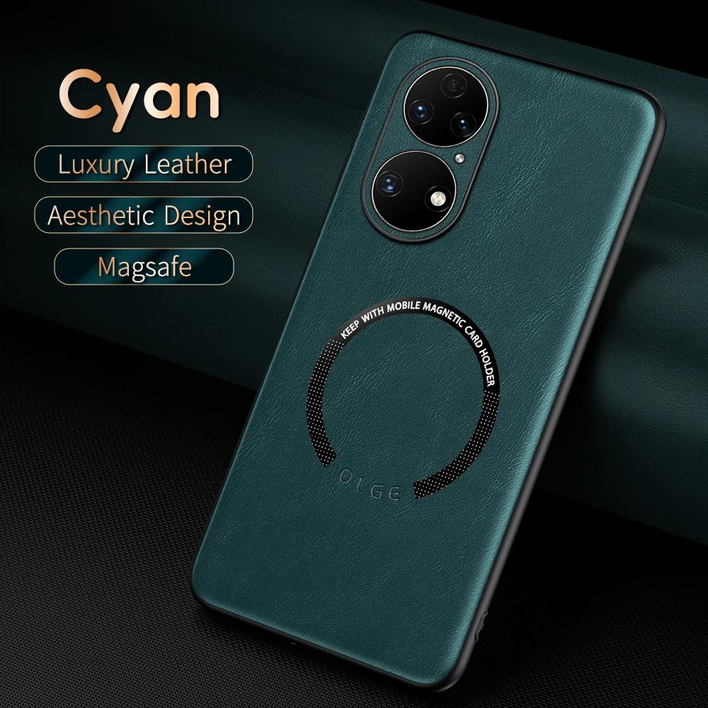 For Huawei P50 P50 Pro P50E Fine-Hole PU Cow Pattern Leather Outer Magnetic Ring Soft Edge Anti-Drop Phone Case