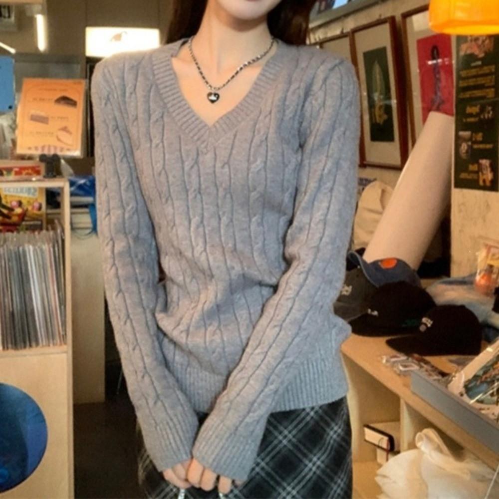 Long Sleeve V Neck Pullover Thick Loose Fit Korean Style Knitwear Fall Winter Sweater Inner Wear