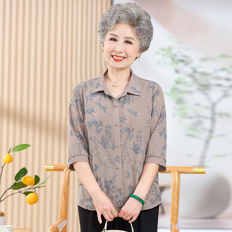 High-Grade Summer Shirt for Middle-Aged and Elderly Women: Grandma's Stylish Thin 7-Point Sleeve Top