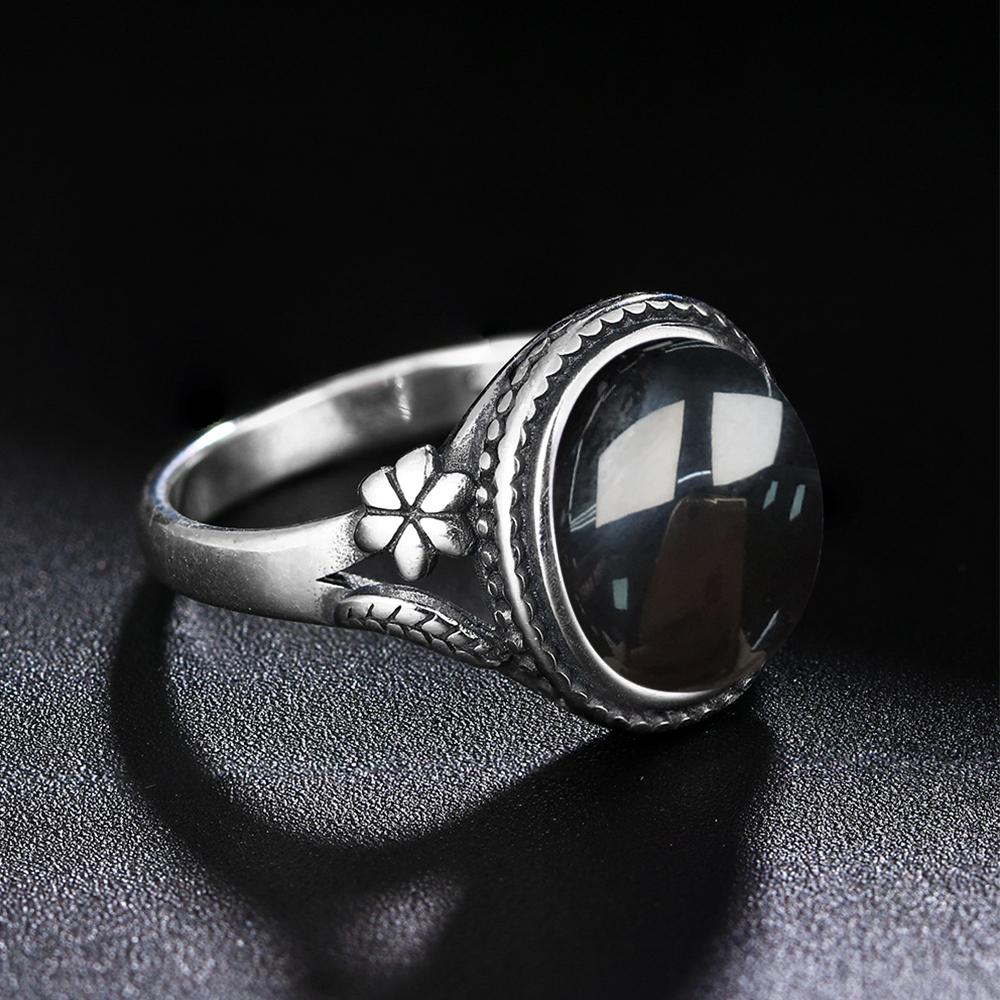 S Silver Ring for Women Oval Round Natural Black Agate Ring Gift Sun Shaped Retro Luxury Fine