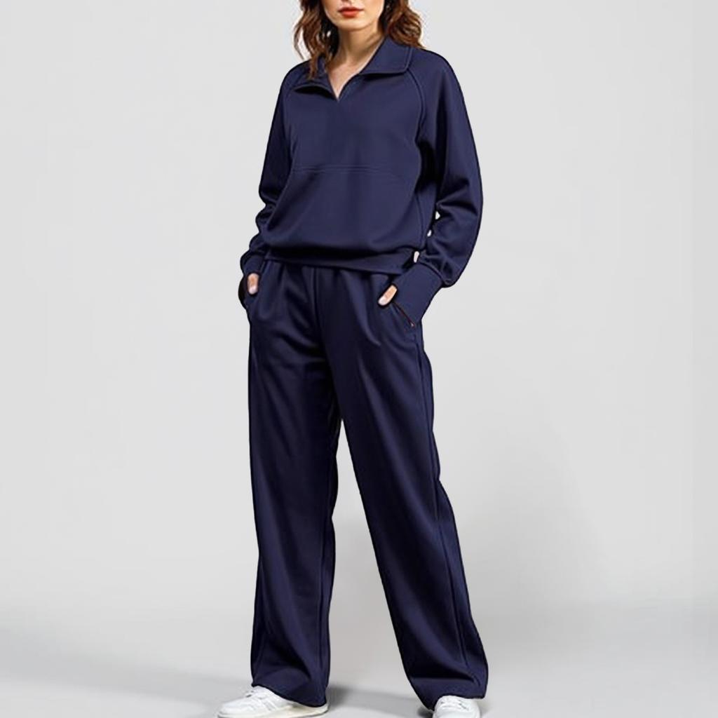 Women's 2-piece Set With Stand-up Collar, Half-zip Sportswear, Loose Sweatshirt, Fashionable Wide-leg Pants And Sweatpants Suit