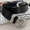 Women's Rhinestone Leather Belt - Y2K Style Black Belt for Jeans 