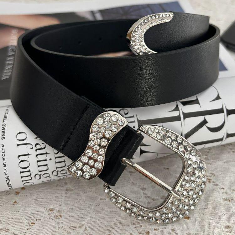 Women's Rhinestone Leather Belt - Y2K Style Black Belt for Jeans 