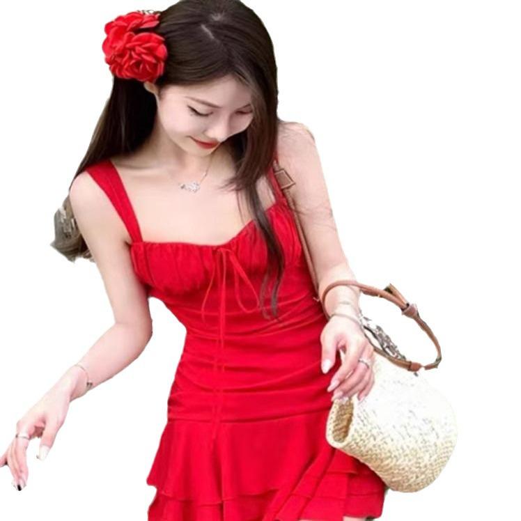 2024 Japanese Bright Red Women's Tummy Control One-Piece Swimsuit