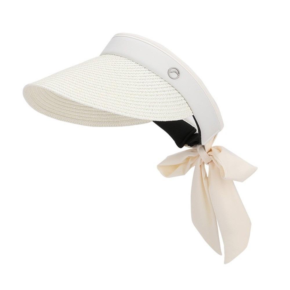 Ribbon Strap Straw Beach Hat Breathable Visor Hat Fashion Empty Top Hat  Summer