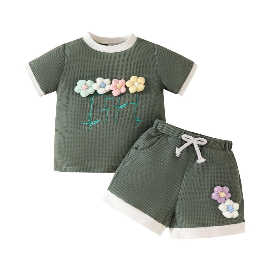 Kinderkleidung Kinder Sommer Rundhalsausschnitt Farbe Kurzarm Dreidimensionale Blume 2-teiliges Set