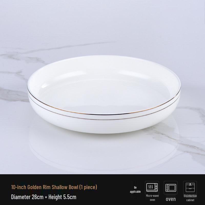 Ceramic Gold Rim Bone China Tableware Set - Microwave Safe Deep Plate, Rice Bowl for Home and Hotel Use.