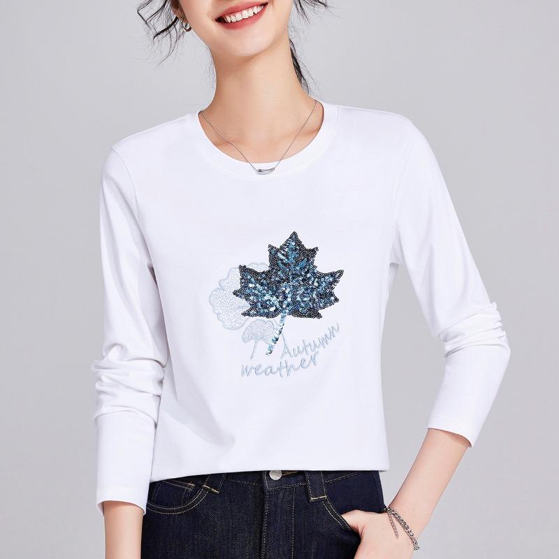 

Ginkgo maple leaf beads women s long-sleeved autumn new versatile round neck casual t-shirt mercerized cotton top M белый
