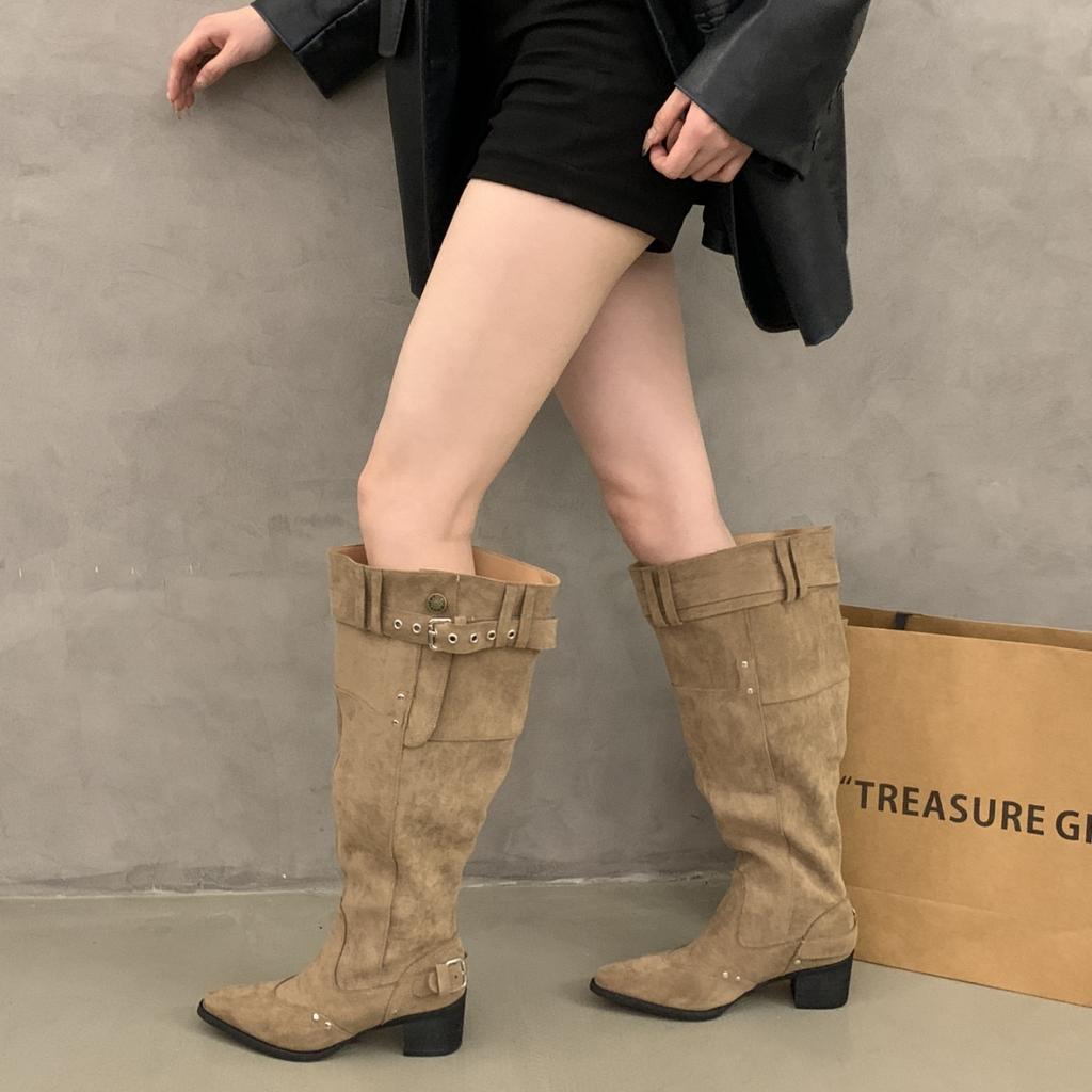 Retro Vacation Style Western Boots Women's Imitation Leather Thick Heel Knight Boots Belt Buckle Pointed Temperament Stacking Boots