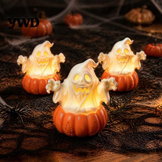 Decorative Fall Lights Halloween Pumpkin Light, LED Lighted Ghost Skull Lantern, Spooky Seasonal Atmosphere Lighting Tabletop Lamp for Home