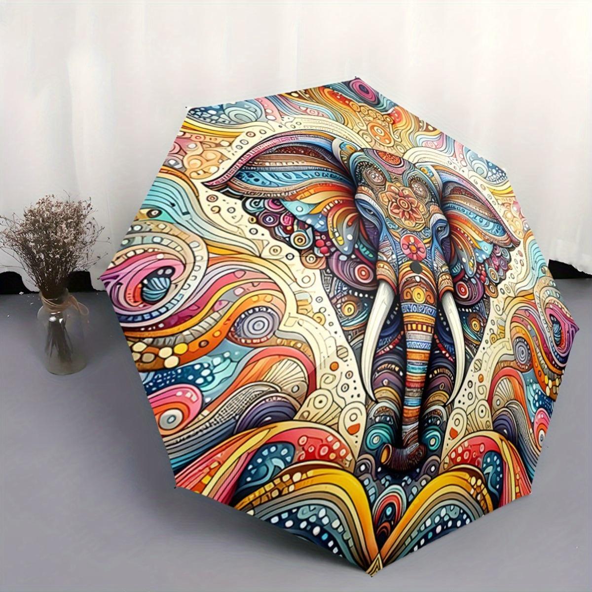 

Automatic Open/Close Umbrella with One-Touch Button - Compact Folding Umbrella, Portable Travel Umbrella with Elegant Elephant (as the picture,Iron&8K)
