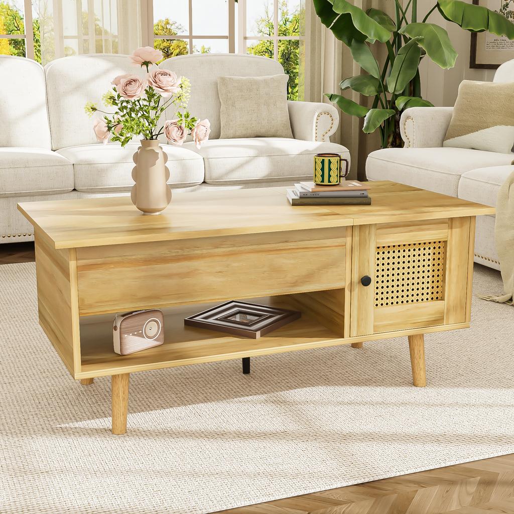 Eleganter Couchtisch mit hochklappbarer Tischplatte und Rattantüren, Holzfarbe mit schwarzen Akzenten, ideal für das Wohnzimmer