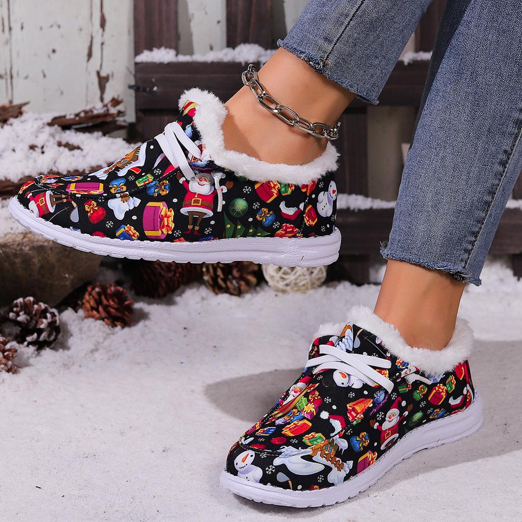 Autumn and Winter New Plus-size Christmas Fur Collar with Thickened Fleece and Versatile Warm Flat Round Toe Cotton Shoes