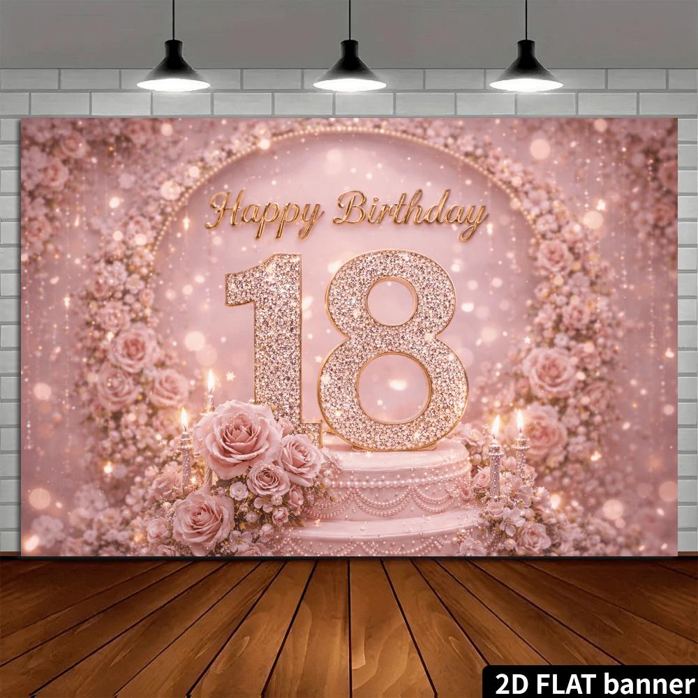 2D flache Farbe Blumenfeld 18. Geburtstag Hintergrundstoff mit glitzernden Diamanten und Zahlen 18 und Rosentorten-Elementen