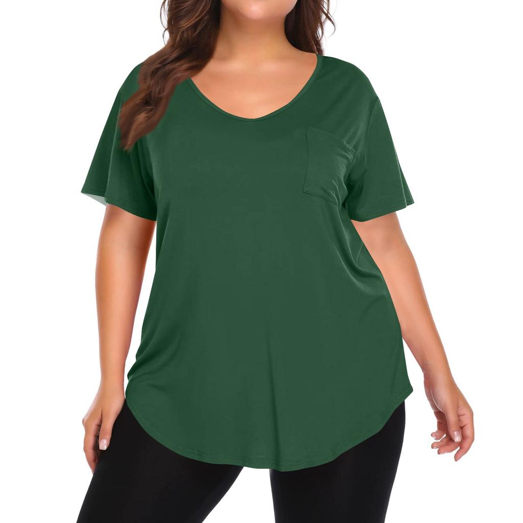 Women's Solid Color Large Size V-neck Top Loose Pocket T-shirt