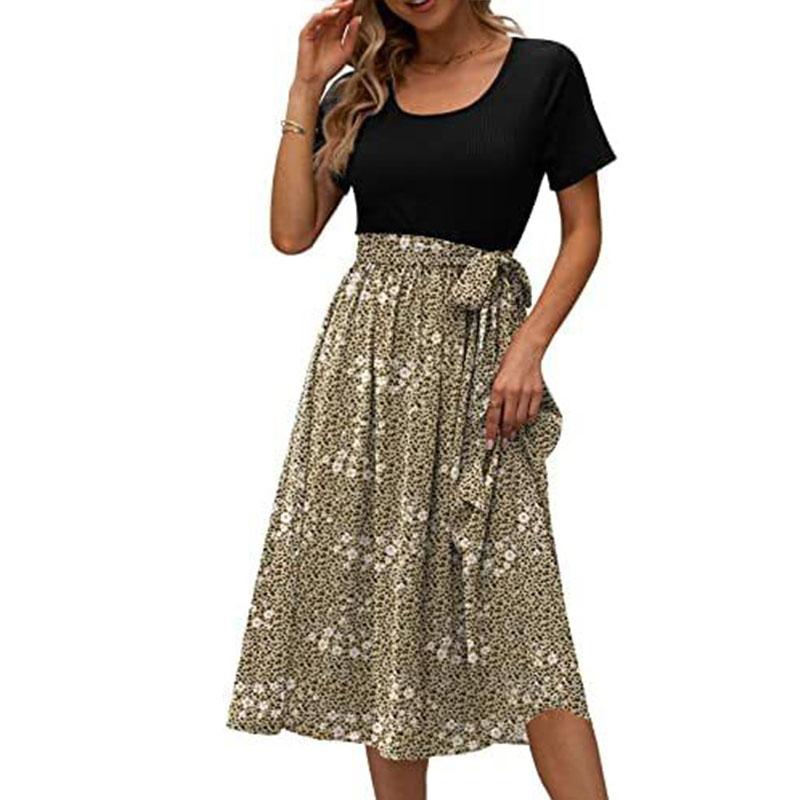 

Летнее женское платье с круглым вырезом и шнуровкой с принтом и короткими рукавами, повседневные платья M