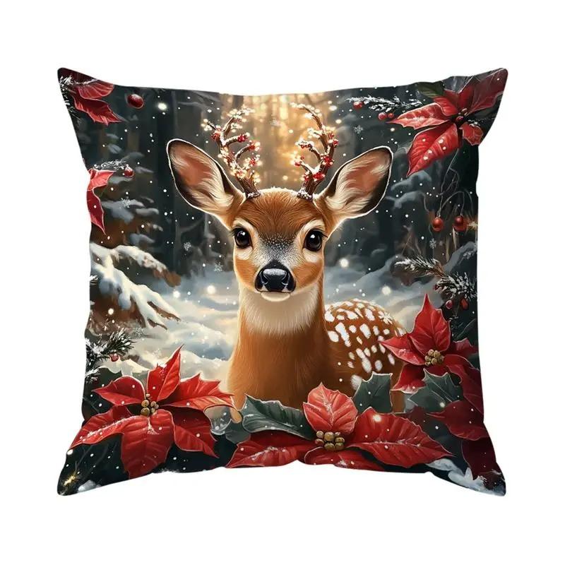 Home Decor Deer With Poinsettia And Holiday Lights Pattern Cushion Covers For Sofa Bedroom Car Pillow Covers
