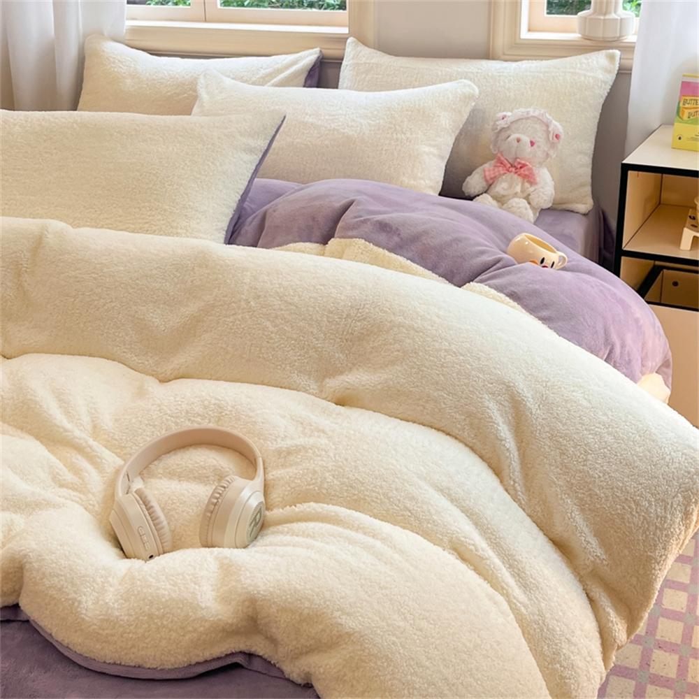 Solid Color Bedding Set Winter Thickened Warm Duvet Cover Pillowcase Four Piece Set Flannel Coral Fleece Bed Sheet Quilt Cover