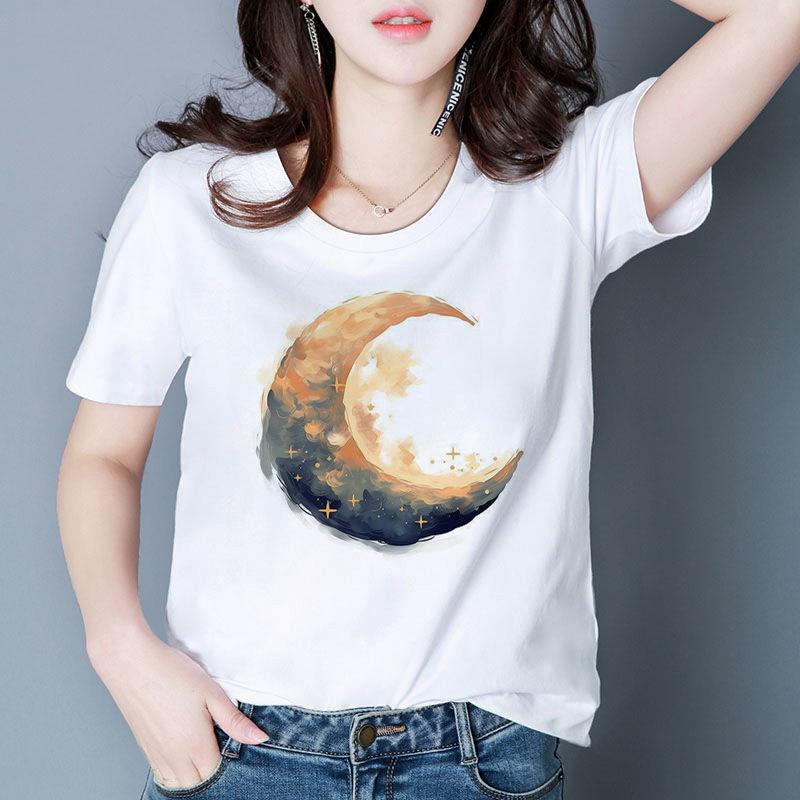 Sommer Neues Individuell Bedrucktes Modisches Damen-T-Shirt Personalisiertes Mondmuster Rundhals-T-Shirt für Damen Harajuku Ästhetik