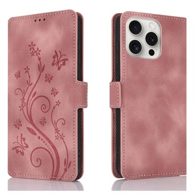 Pentru iPhone 15 Pro Max Husă de telefon din piele în relief Dreamy Butterfly Love Flower (Aur roz)