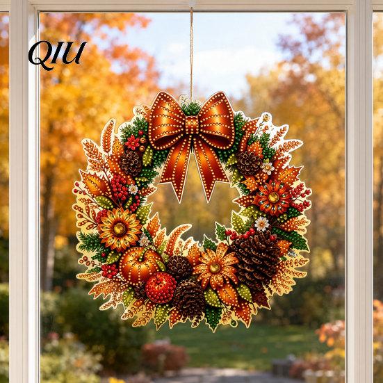 Fine Workmanship Decor Fall Pumpkin Sunflower Wreath Hanging Decor, Acrylic Hand Painted Festive Party Decoration Window Ornament,