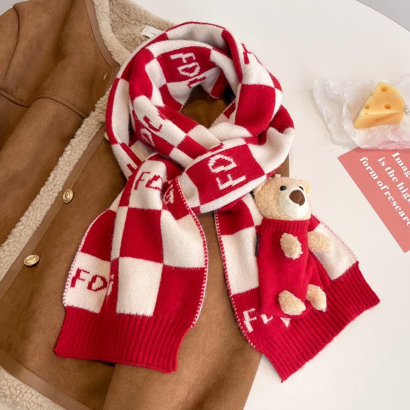 Christmas red scarf bear checkerboard wool small scarf women's winter white warm knitted scarf