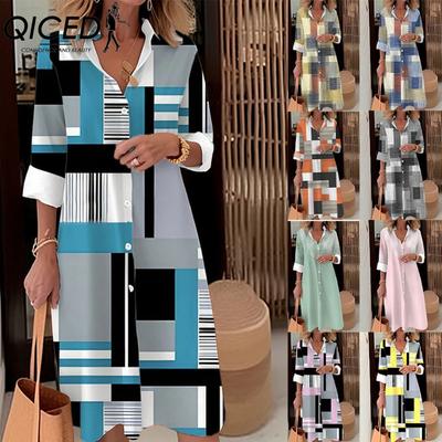 Mode Femme Print Block Couleur Printemps Automne Manches Longues Col Polo Taille Ample Robes Décontractées