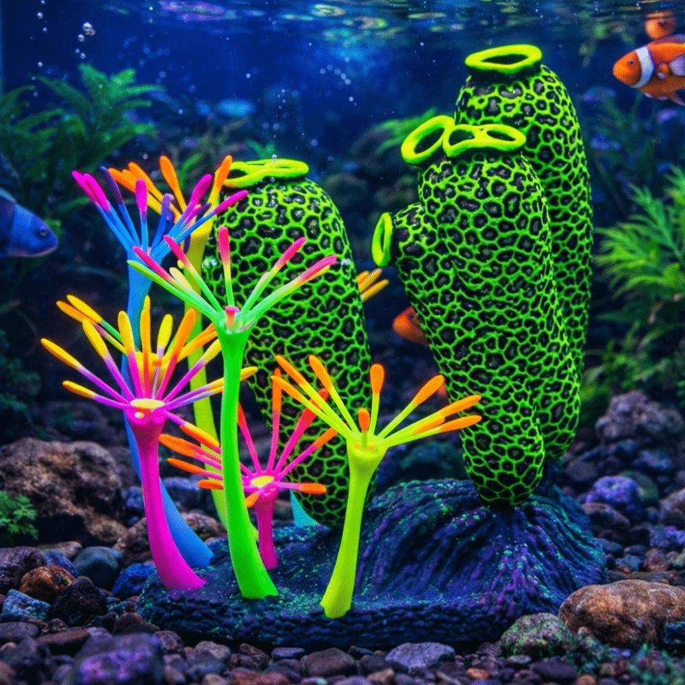 Realistic Simulation Thumb Coral Ornament Silicone Colorful Luminous Coral Artificial Plants Fluorescence Glowing Coral Aquarium