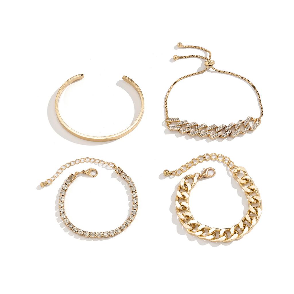 Accessories, Exaggerated Thick Chain Glossy Bracelet Bracelet, Personalized Full Diamond Cuban Buckle Adjustment Bracelet Set