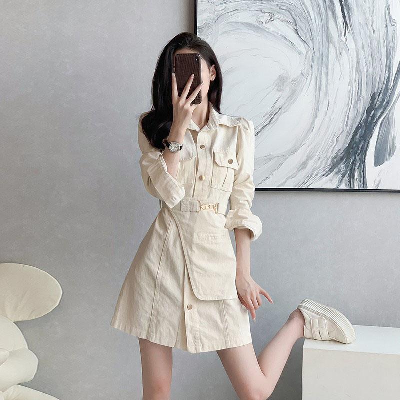 Denim Dress for Women French Short Dress Long Sleeve Workwear Wrap Hip Casual Ladies Style Casual Korean Sexy Mini Dress