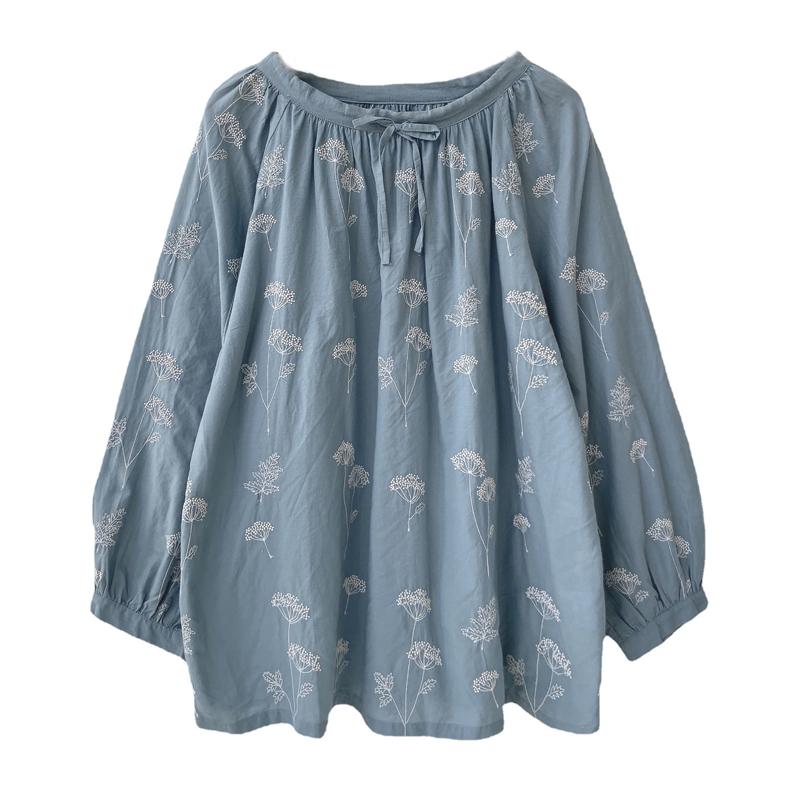 

Johnature Винтажные вышитые топы, блузки, весна-осень, повседневные женские рубашки с длинным рукавом One Size синий