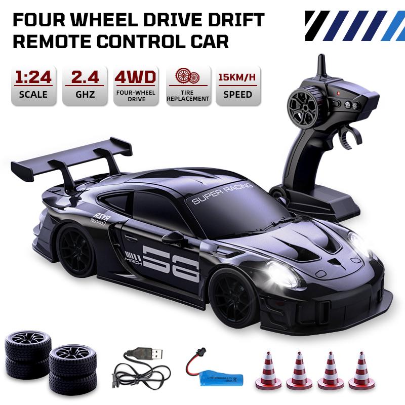 2.4G 1:24 RC Drift Car LED Light 4WD Remote Control Racing Cars Vehicle Toy Electric Sports Car Model Boys Competition Race Game
