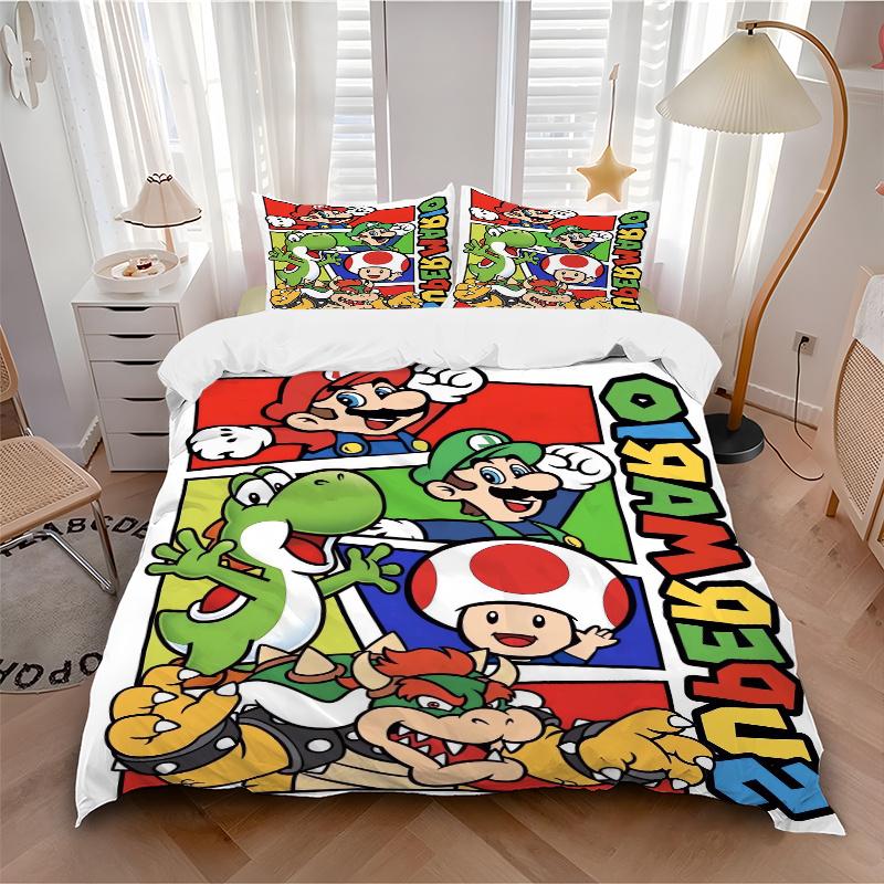 3pcs Super Mario Printed Quilt Set - Includes 1 Quilt Cover and 2 Pillowcases, Machine Washable - Suitable for All Seasons.F090