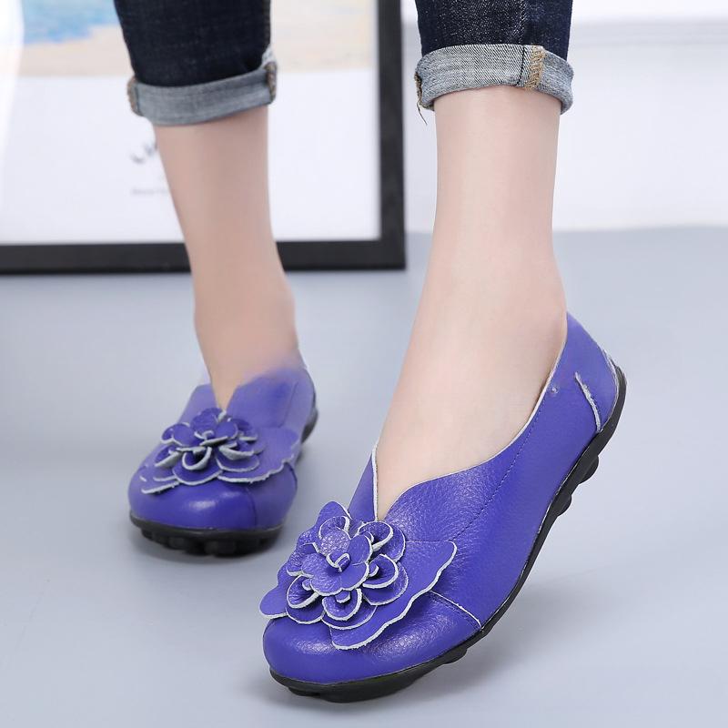 Vår og Sommer Kuskinn Blomst Mamma Sko Komfortable Erter Damesko Flate Fire Sesonger Flate Sko Dames Enkelsko
