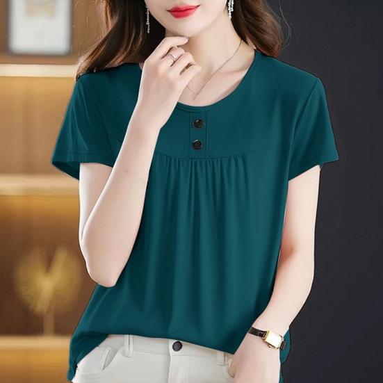 Women Tops Round Neck Short Sleeve Buttons Decor Tee Shirt Solid Color Loose Fit Versatile Summer T-shirt