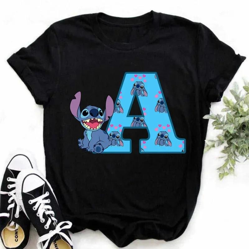 T-shirt pour femme Alphabet A-Z Kawaii Dessin Animé Imprimé Manches Courtes T-shirt Femme Disney Été Décontracté Vêtements Dessin Animé T-shirt