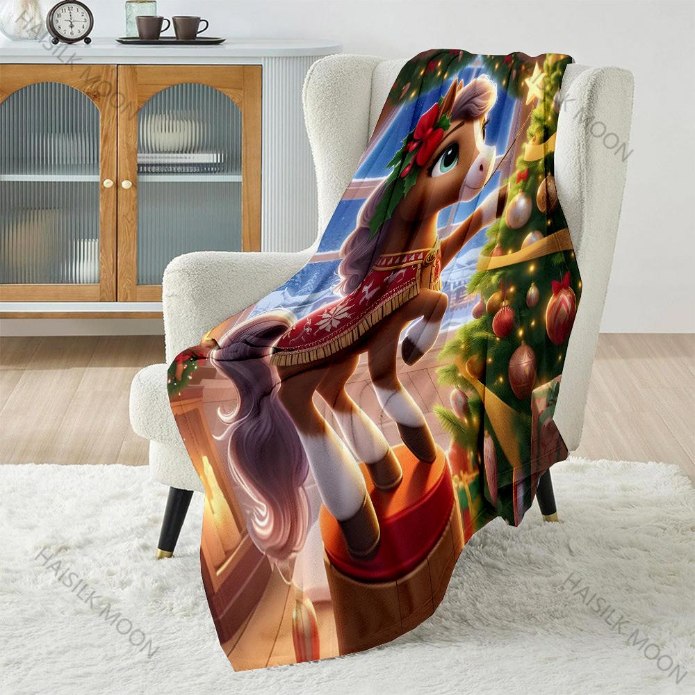 

Festive Horse with Holiday Motifs Pattern Blanket Flannel Material Soft Warm for All Seasons Home Outdoor Camping Picnics RV 75x90cm
