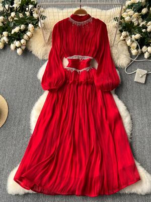 New Elegant Stand Collar Lantern Sleeve Mujer Slim Fit Ruched Big Swing Heavy Robe Tassels Chain French Style Moda Dress
