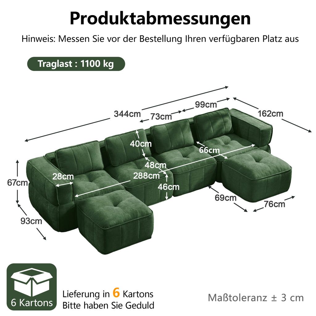 4-seater U-shaped sofa without frame with 2 ottomans, 32D high-density foam, fabric cover, non-slip, for living room, no assembly required, Green.