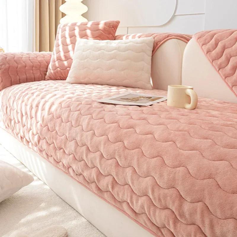Thicken Straight Strip Sofa Cover Thicken Plush Sofa Mat Couch Slipcovers for Living Room Solid Color Anti-slip Sofa Towel