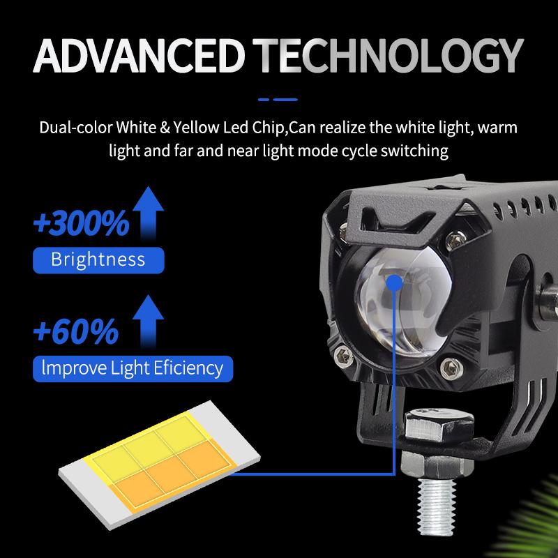 1 Pair Motorcycle Fog Light 3,000LM Amber White Red Strobe Lights 5 Modes Offroad Work Lights Spotlight LED Driving Light