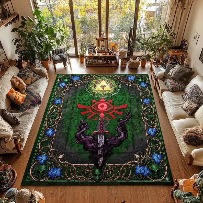 Gaming Rug Non-slip Zelda Triforce Mat for Game Room Home Decor