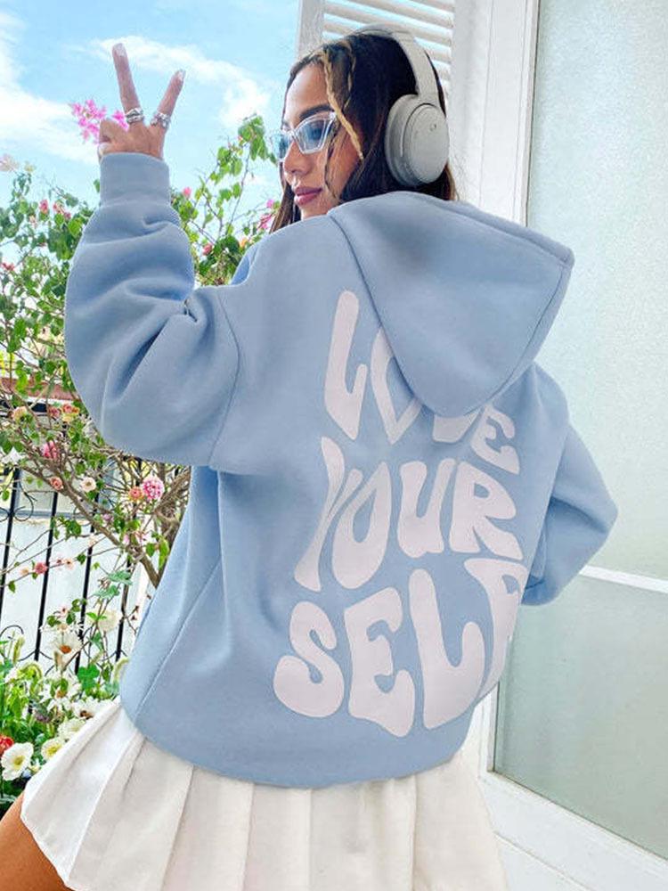 Women's Harajuku Fleece Hoodie with Back Letter Print