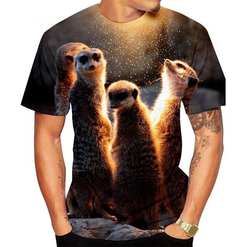 3D-gedrucktes Erdmännchen lustiges T-Shirt Herren Casual Rundhals Kurzarm Streetwear Herren Top