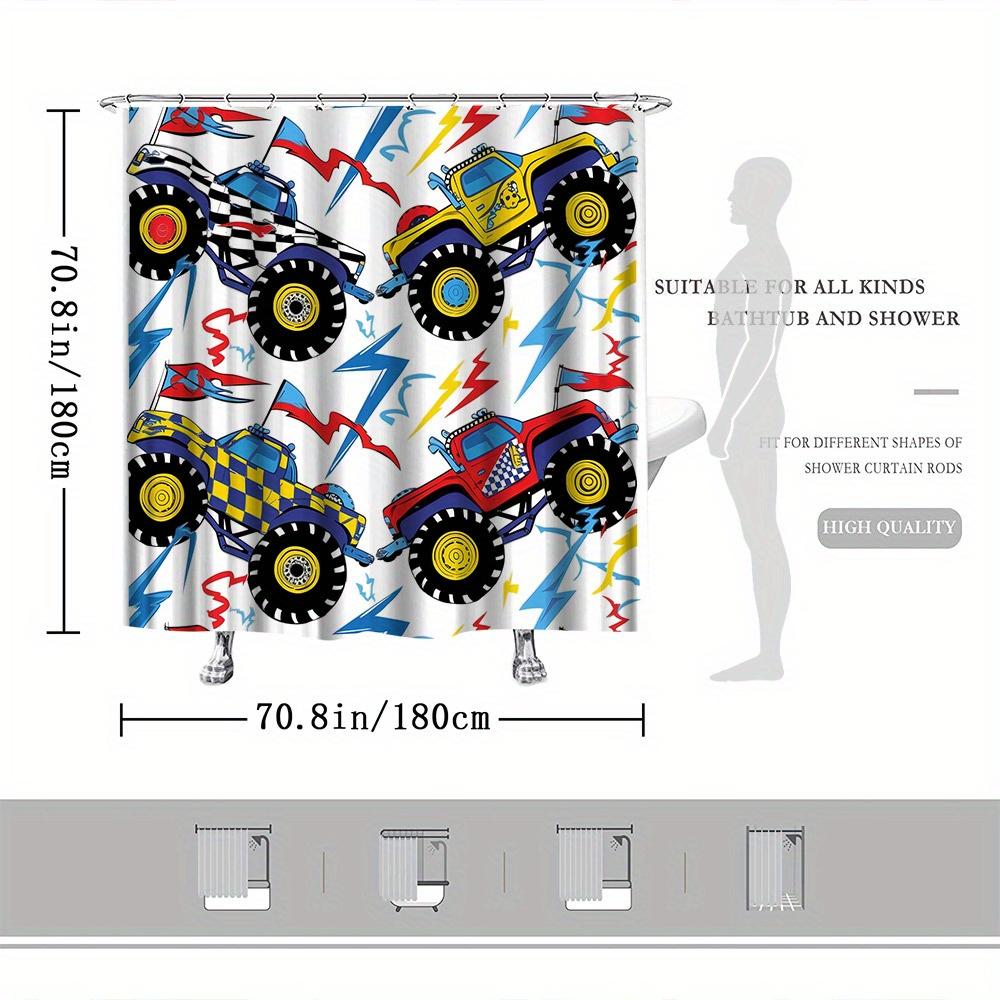 Monster Truck Shower Curtain – Playful Cartoon Cars, Bold Colors & Lightning Design, 70X70In, Polyester, Includes Hooks