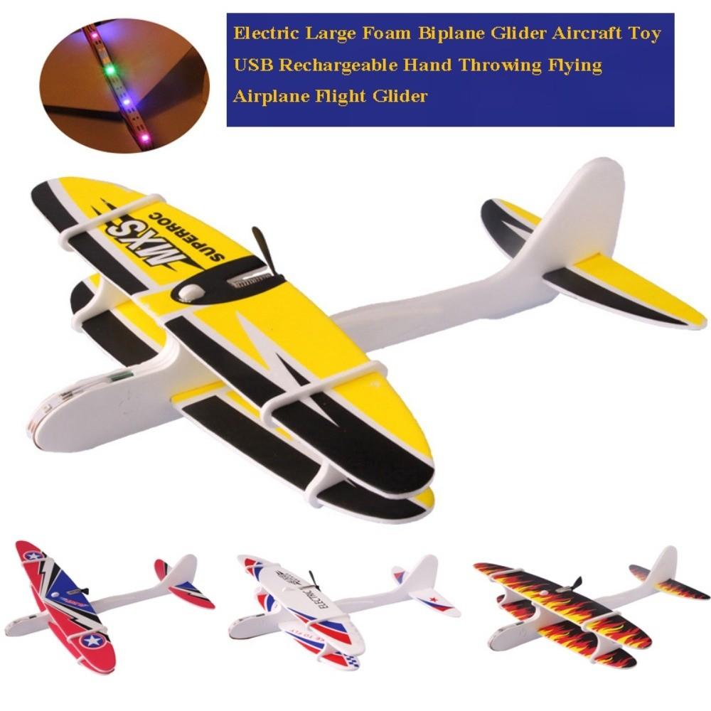 PP Electric Large Foam Biplane Glider with LED Light Flight Glider DIY Aircraft Model Toy