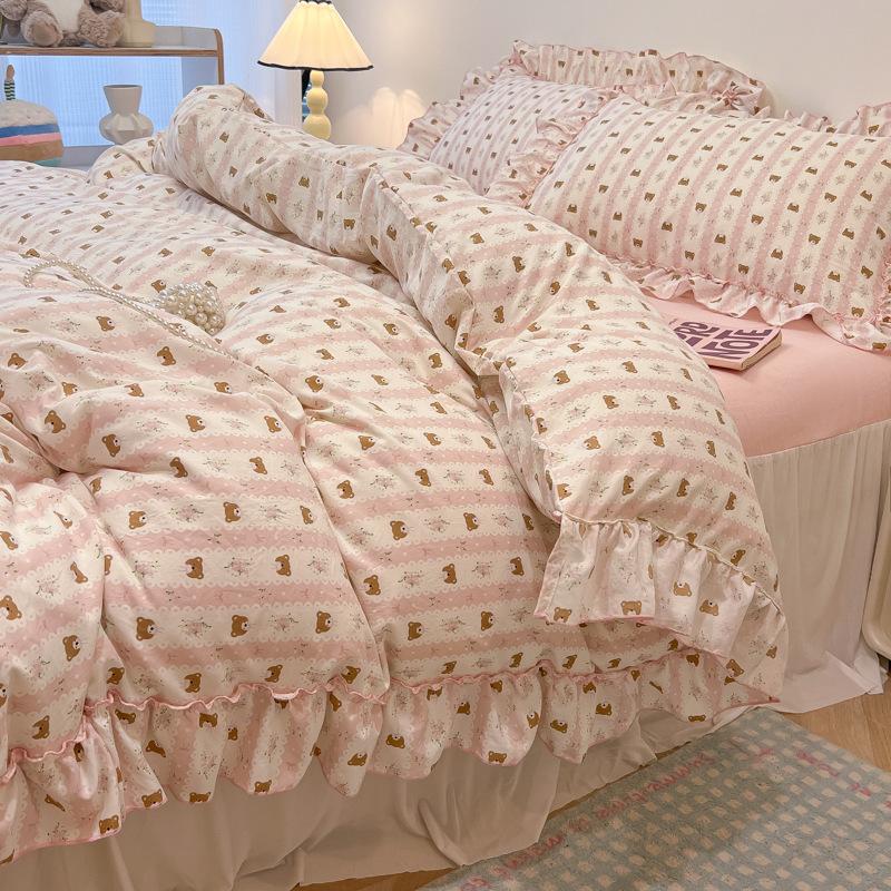 Sweet Flower Printed Bed Skirt Bedding Set Skin Friendly Cotton Nude Sleeping Comforter Set Class-A Twin Single Home Textile
