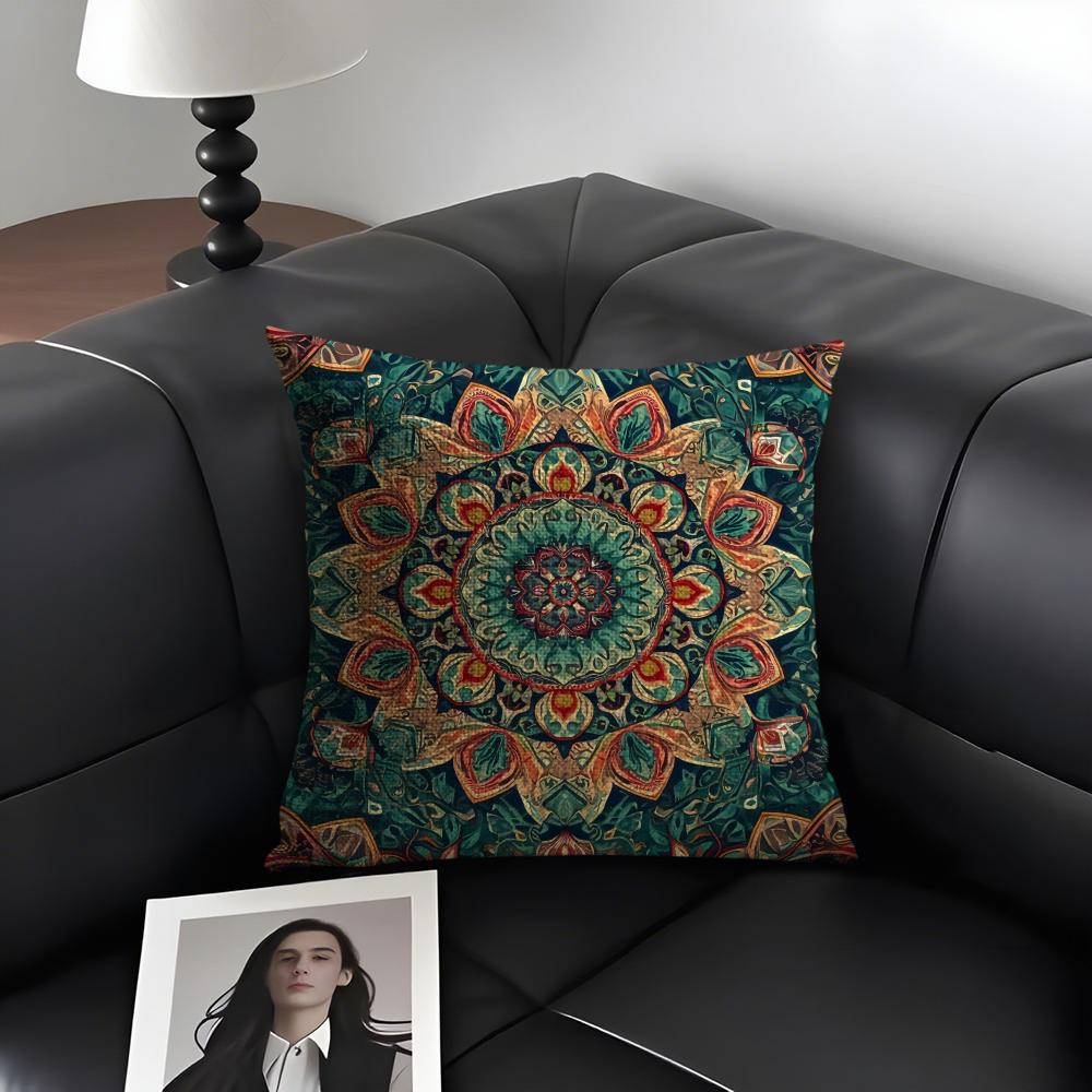 Mandala Style Decorative Cushion Cover Natural Linen Organic Fabric Double-Sided Printing Sofa Home Decor Gift Pillow Case