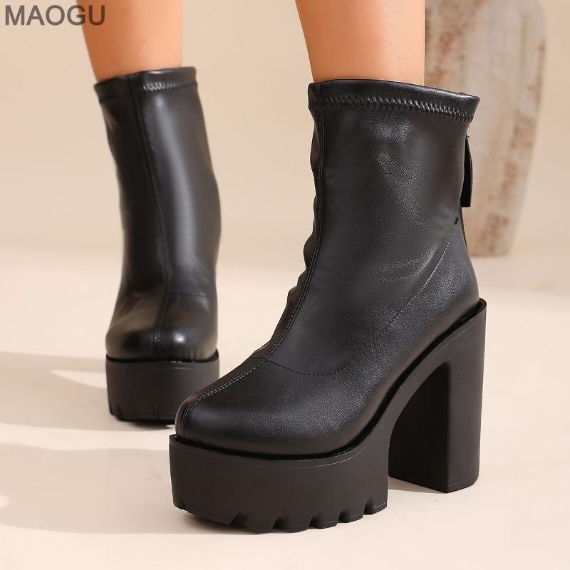 Stivaletti Corti Marroni da Donna con Suola Spessa in Pelle con Tacco Chunky per Donna Moda Primavera Autunno Botines Neri Antiscivolo